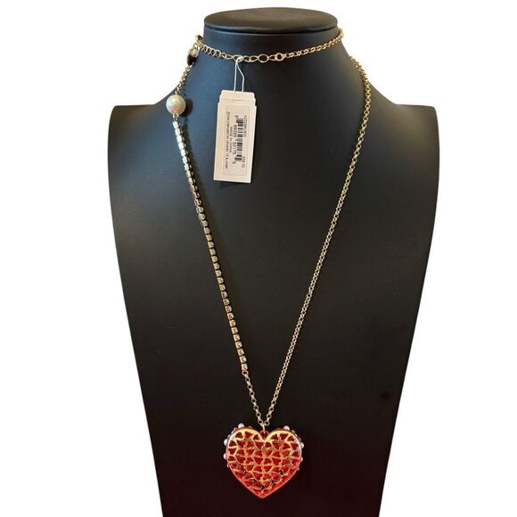 Adorable Large Red Enamel & Faux Pearl Heart Pendant Necklace - Picture 4 of 9